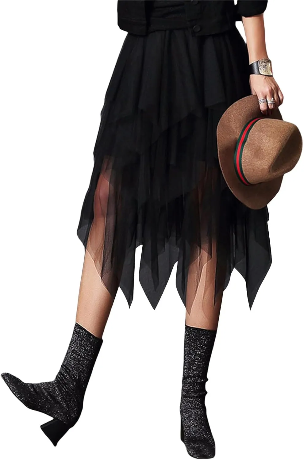 Women’s Tiered Tulle Midi Skirts Y2K Elastic High Waist Layered Mesh Fairy Skirts Cocktail Asymmetrical Tutu Skirt