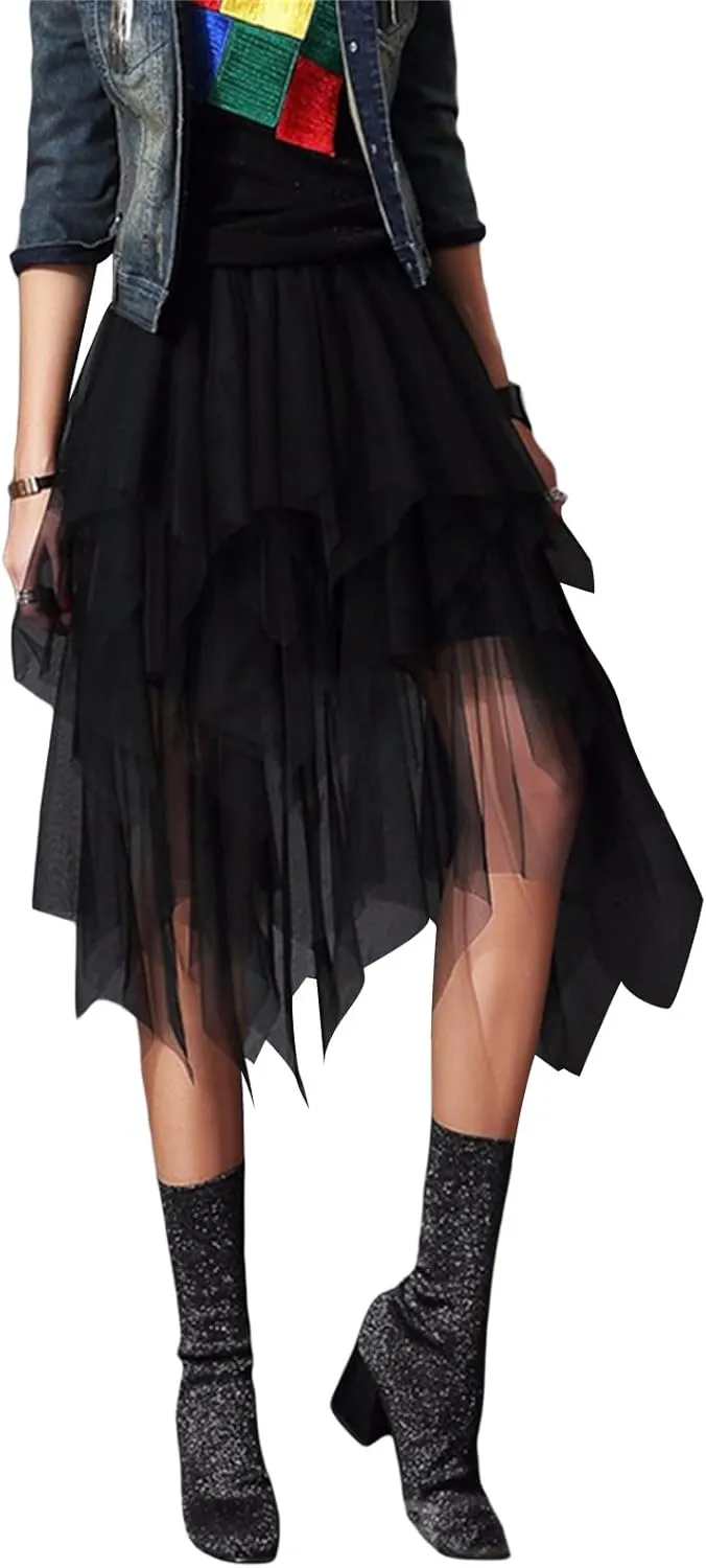 Women’s Tiered Tulle Midi Skirts Y2K Elastic High Waist Layered Mesh Fairy Skirts Cocktail Asymmetrical Tutu Skirt