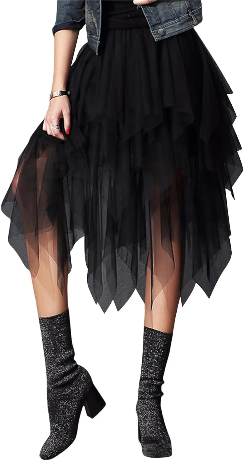 Women’s Tiered Tulle Midi Skirts Y2K Elastic High Waist Layered Mesh Fairy Skirts Cocktail Asymmetrical Tutu Skirt