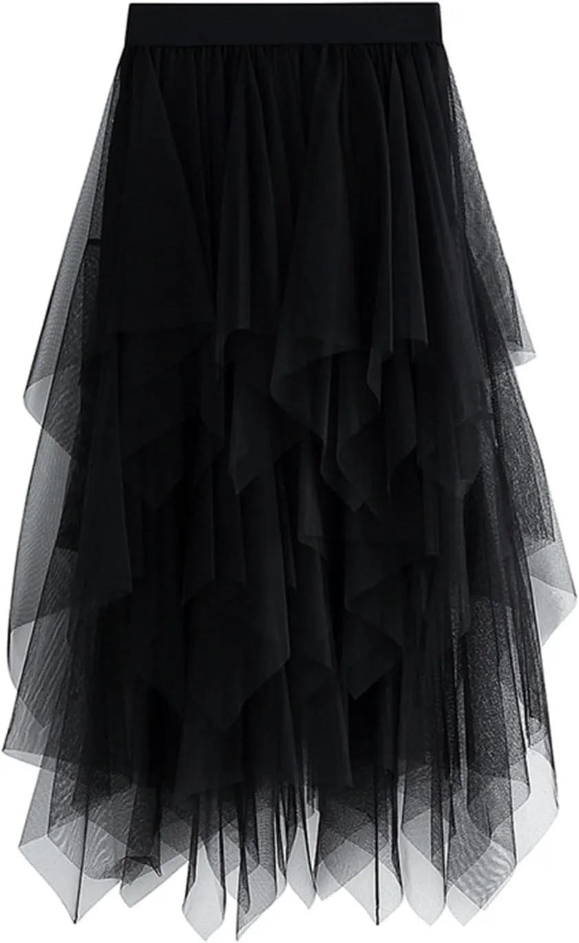 Women’s Tiered Tulle Midi Skirts Y2K Elastic High Waist Layered Mesh Fairy Skirts Cocktail Asymmetrical Tutu Skirt