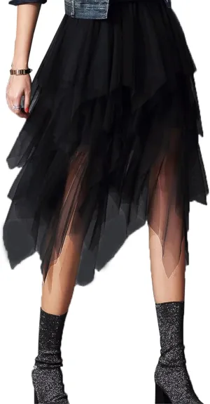 Women’s Tiered Tulle Midi Skirts Y2K Elastic High Waist Layered Mesh Fairy Skirts Cocktail Asymmetrical Tutu Skirt