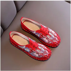 Women's Traditional Ethnic Flats，Womens Comfortable Cotton Floral Print Flats Casual Driving Loafers Walking Shoes for Women (Color : Red, Size : EUR35/36)