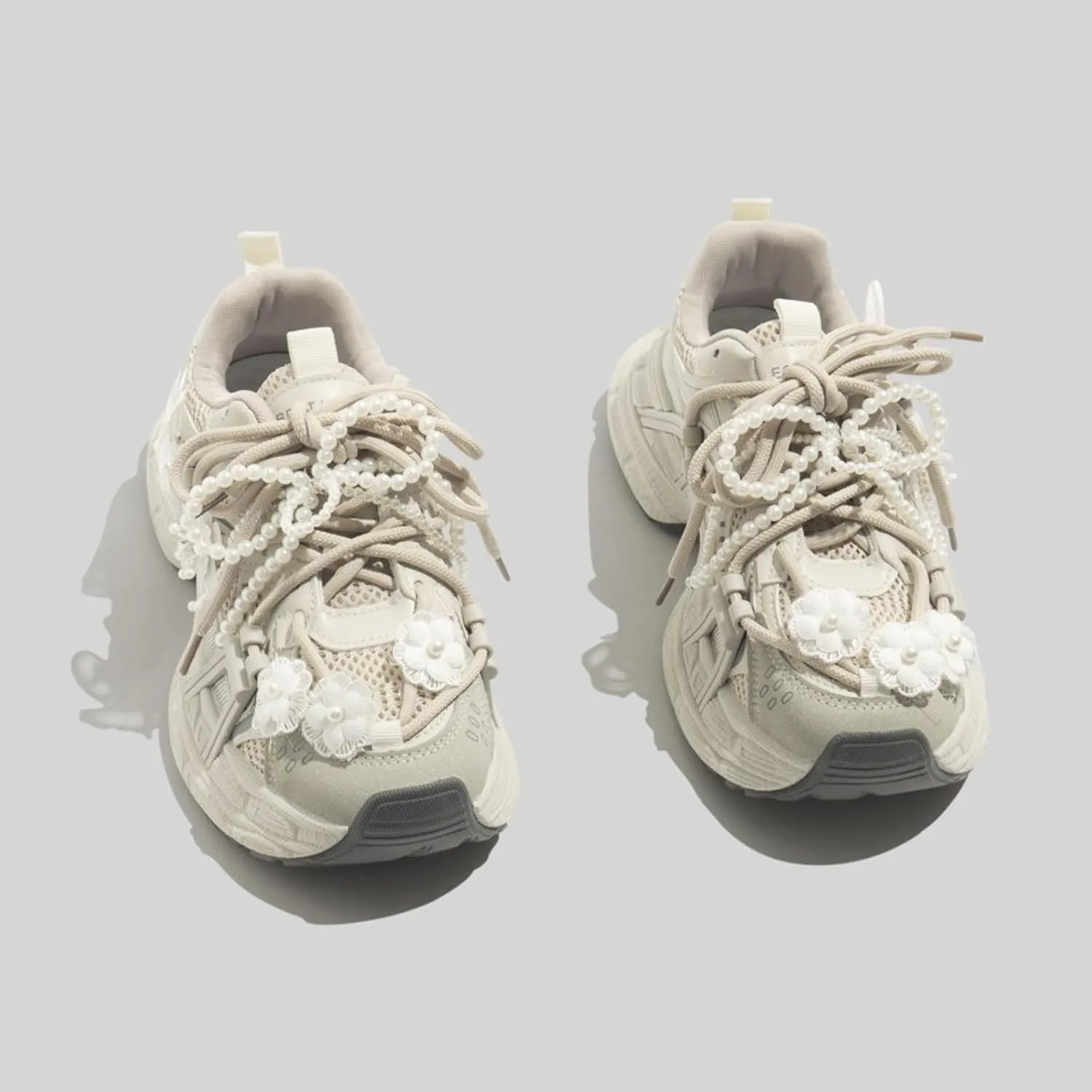 Women's Vintage Pearl Y2K Aesthetic Kawaii Floral Chunky Dad Sneakers Breathable Summer Mesh Sports Walking Casual Shoes