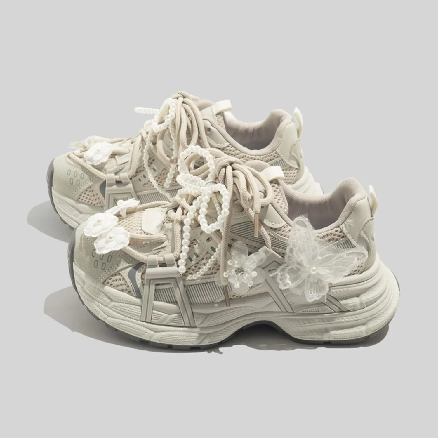 Women's Vintage Pearl Y2K Aesthetic Kawaii Floral Chunky Dad Sneakers Breathable Summer Mesh Sports Walking Casual Shoes
