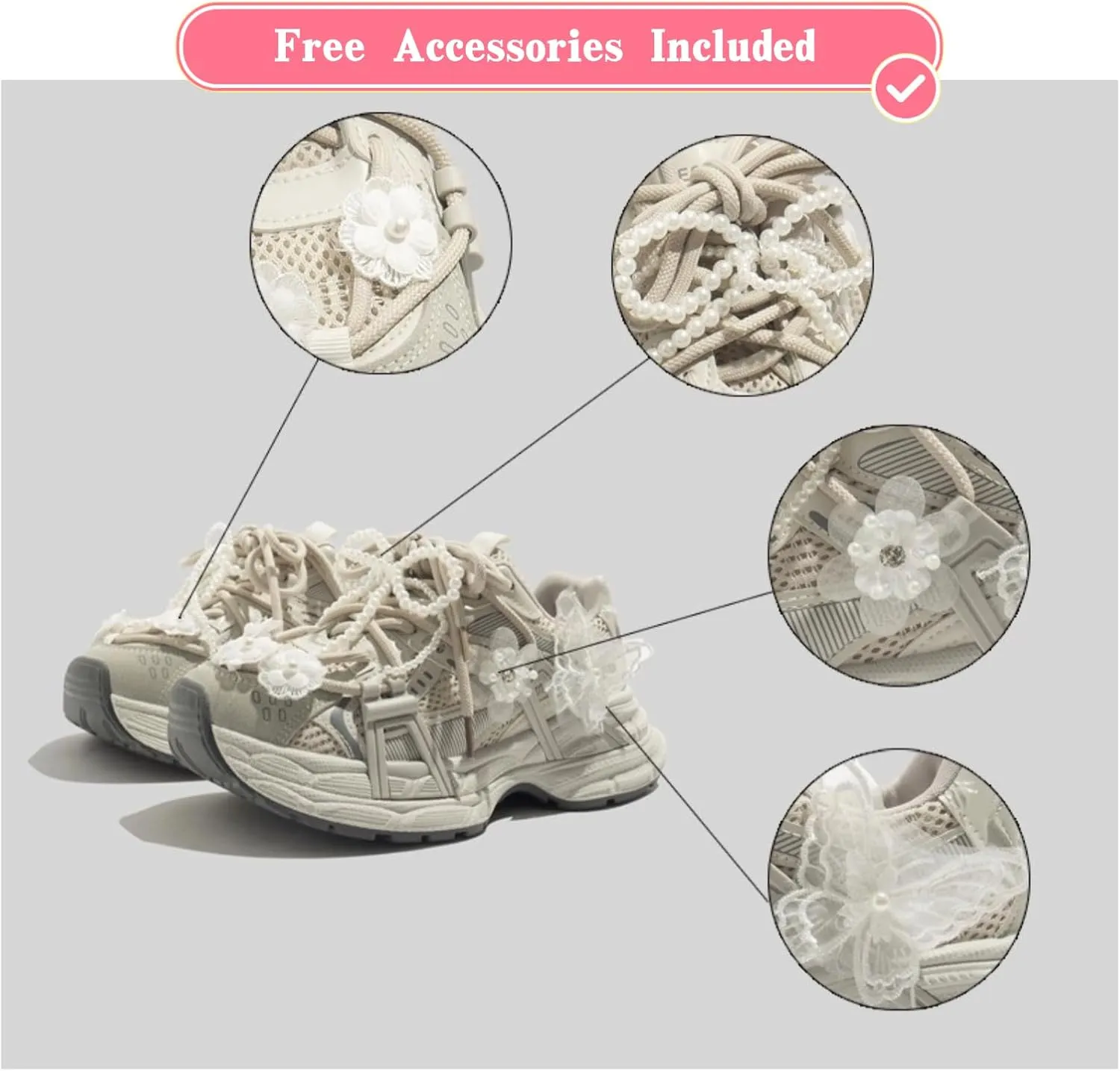Women's Vintage Pearl Y2K Aesthetic Kawaii Floral Chunky Dad Sneakers Breathable Summer Mesh Sports Walking Casual Shoes