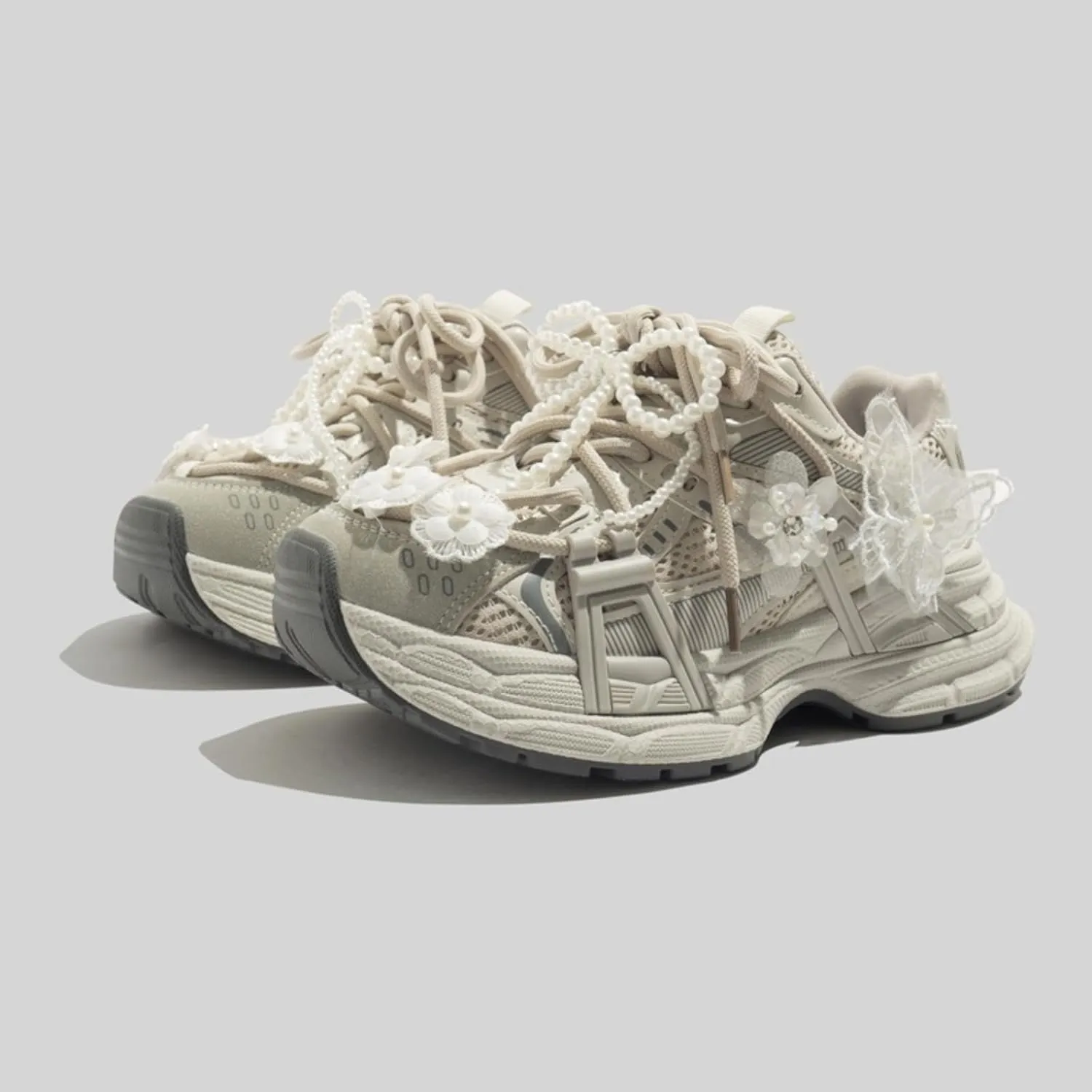 Women's Vintage Pearl Y2K Aesthetic Kawaii Floral Chunky Dad Sneakers Breathable Summer Mesh Sports Walking Casual Shoes