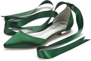 Women's Wedding Shoes Flats for Bridesmaids Closed Toe Satin Bridal Dressy Bridal Flats Shoes with Ribbon