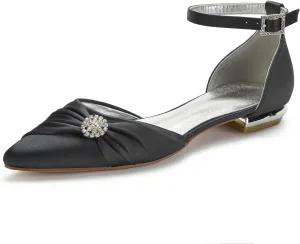 Women's Wedding Shoes for Bride Flats Pointed Toe Satin Bridal Flat Crystals Ankle Strap Dress Shoes Formal Prom Party Pumps