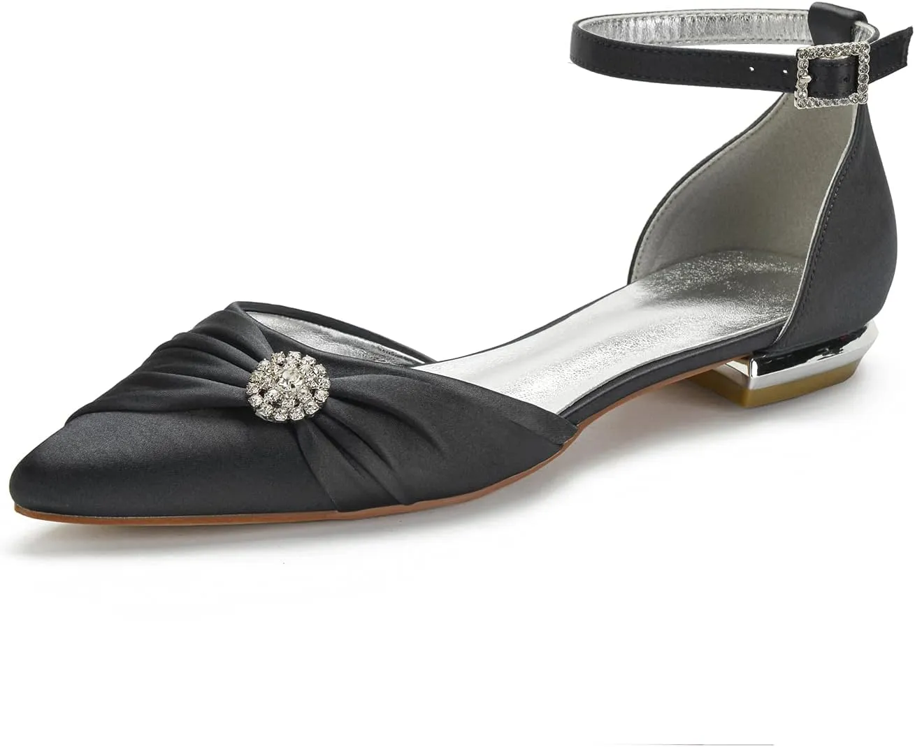 Women's Wedding Shoes for Bride Flats Pointed Toe Satin Bridal Flat Crystals Ankle Strap Dress Shoes Formal Prom Party Pumps