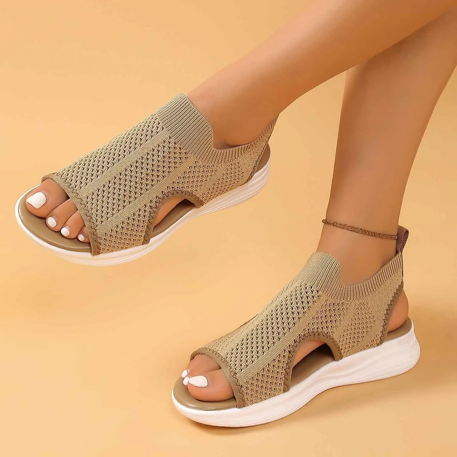 Womens Wedge Sandals Women's Comfortable Air Cushion Support Walking Sandal Breathable Knit Slingback Platform Shoes