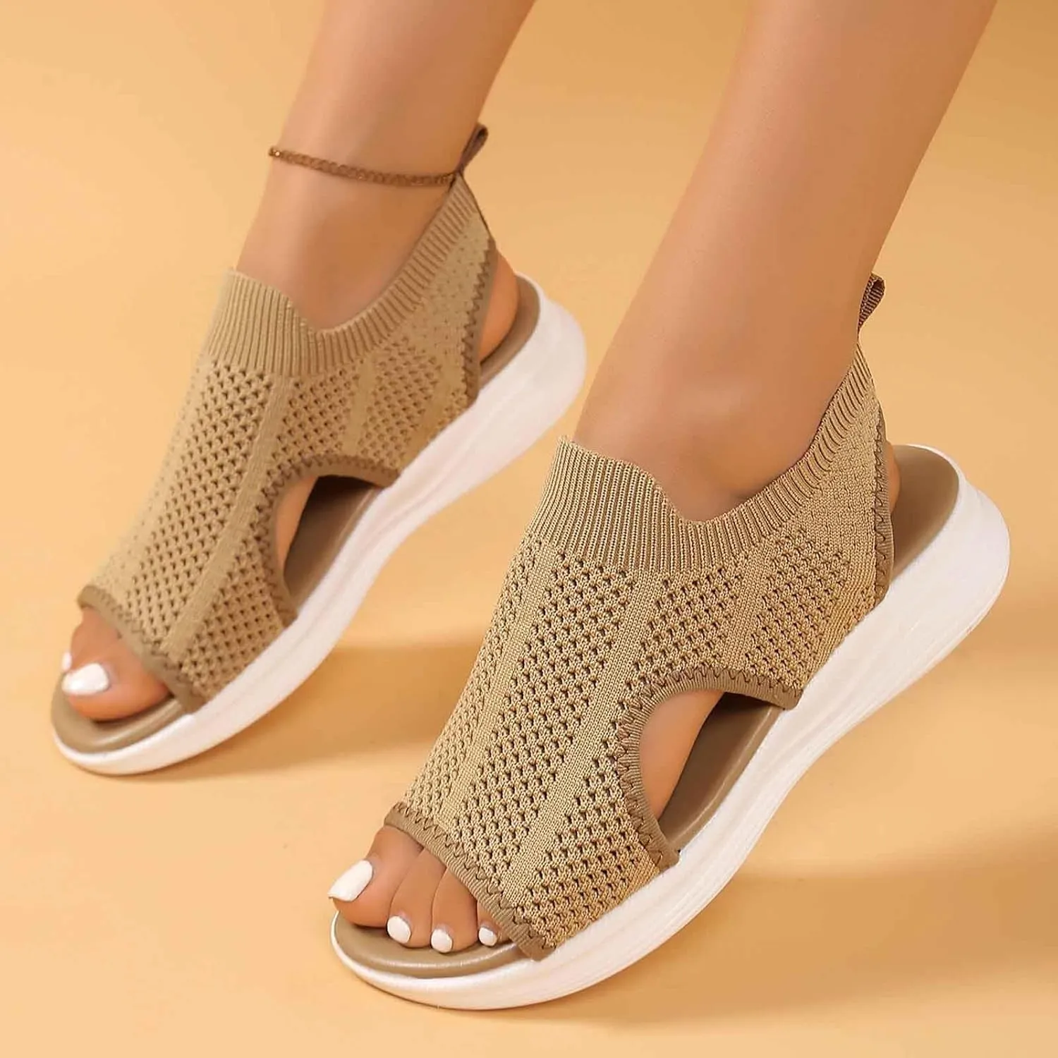 Womens Wedge Sandals Women's Comfortable Air Cushion Support Walking Sandal Breathable Knit Slingback Platform Shoes