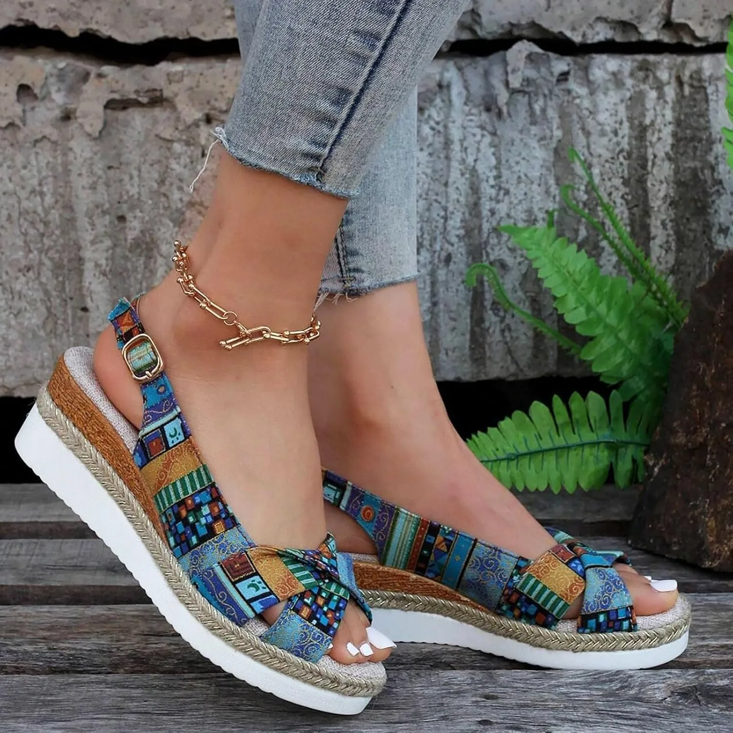 Women's Wedge Sandals,Low Wedge Heels Summer Dressy Ankle Strap Open Toe Flower Shoes Comfortable Sandals