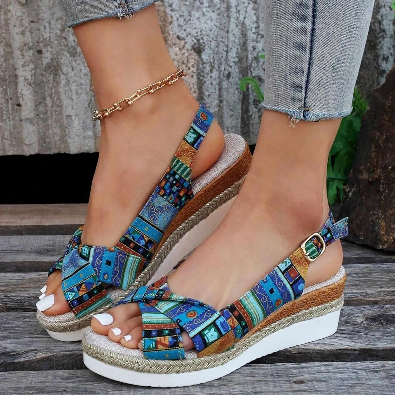 Women's Wedge Sandals,Low Wedge Heels Summer Dressy Ankle Strap Open Toe Flower Shoes Comfortable Sandals
