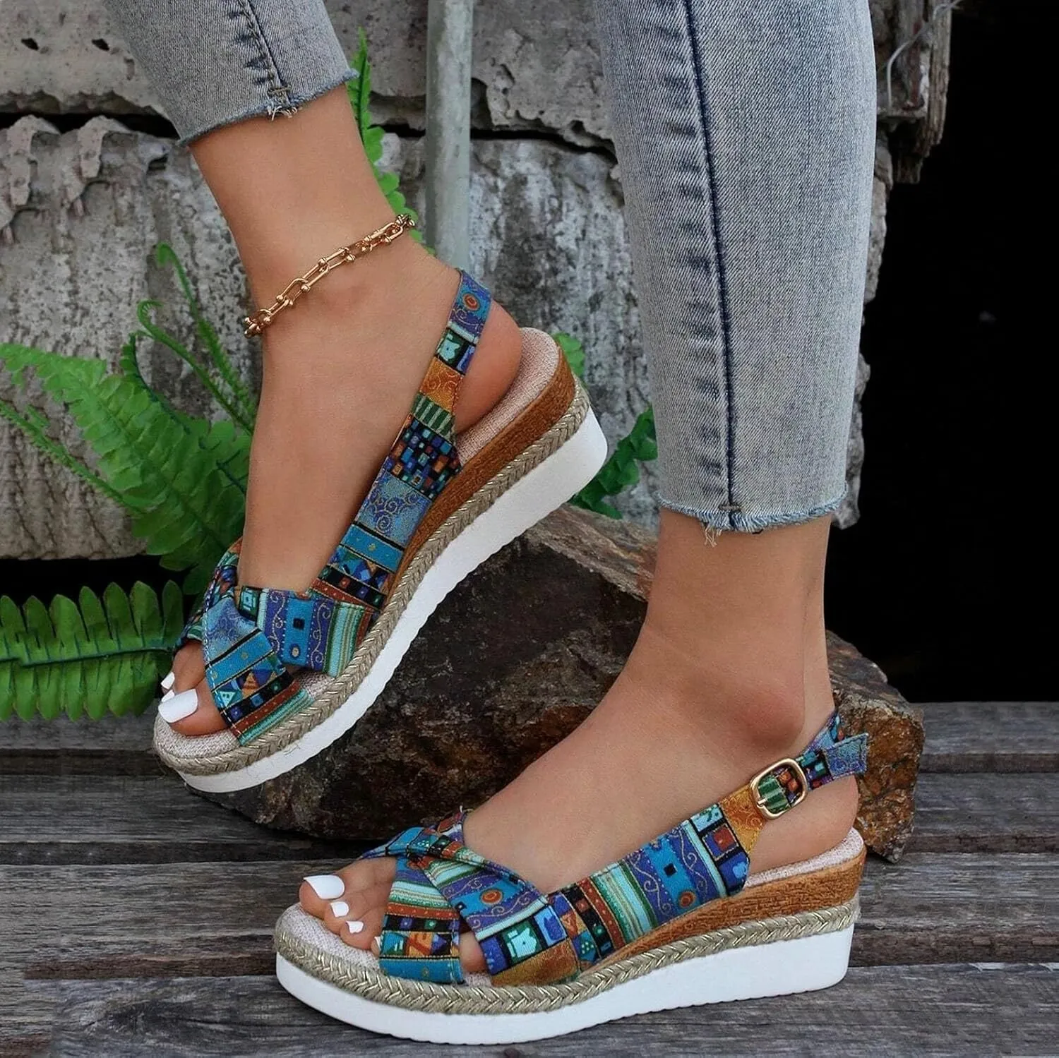 Women's Wedge Sandals,Low Wedge Heels Summer Dressy Ankle Strap Open Toe Flower Shoes Comfortable Sandals