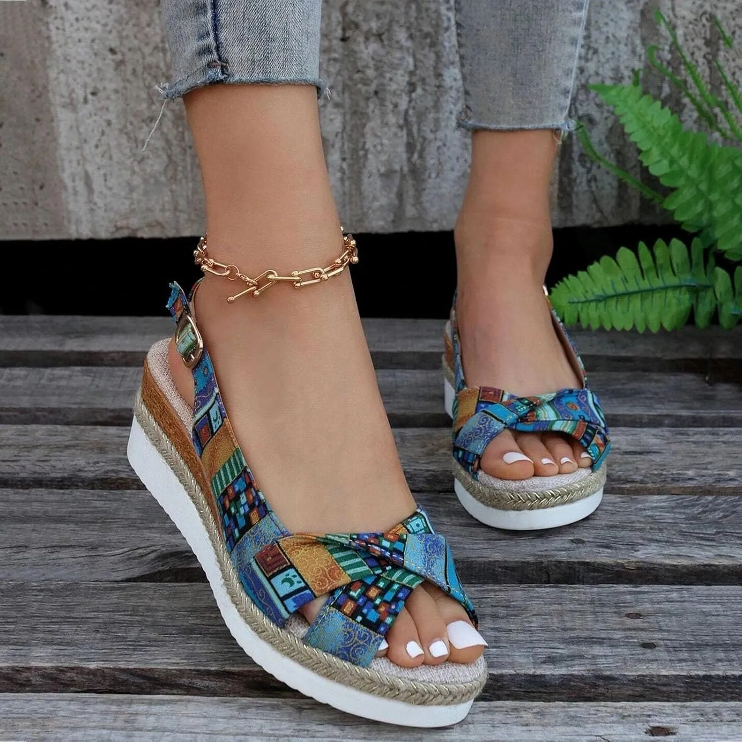 Women's Wedge Sandals,Low Wedge Heels Summer Dressy Ankle Strap Open Toe Flower Shoes Comfortable Sandals