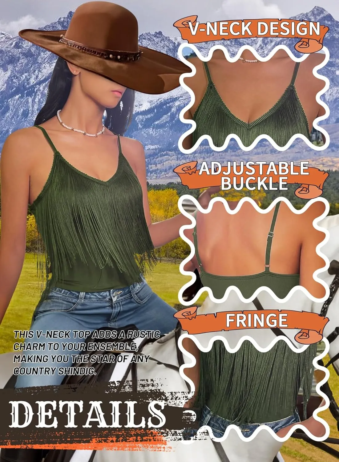 Womens Western Cowgirl Fringe Top - Country Concert Outfits Festival Tassel Hem Boho Rodeo Camisole Rave Tank Shirt