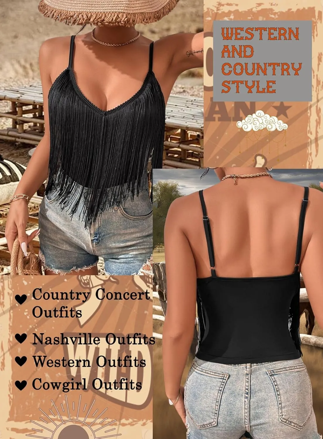 Womens Western Cowgirl Fringe Top - Country Concert Outfits Festival Tassel Hem Boho Rodeo Camisole Rave Tank Shirt