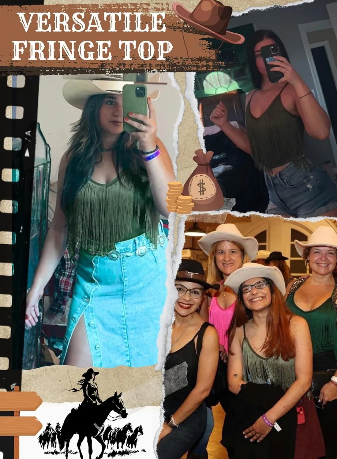 Womens Western Cowgirl Fringe Top - Country Concert Outfits Festival Tassel Hem Boho Rodeo Camisole Rave Tank Shirt