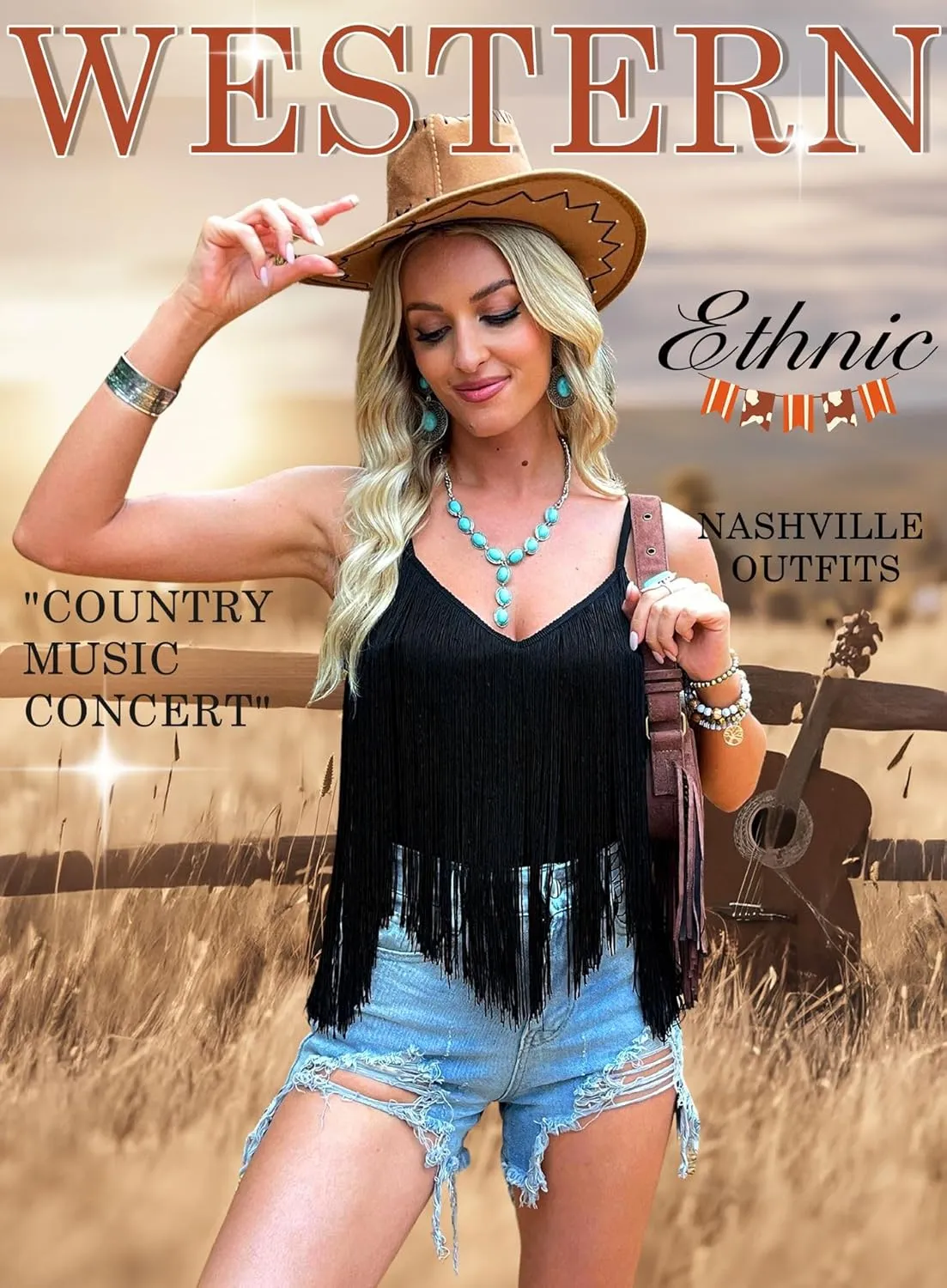 Womens Western Cowgirl Fringe Top - Country Concert Outfits Festival Tassel Hem Boho Rodeo Camisole Rave Tank Shirt