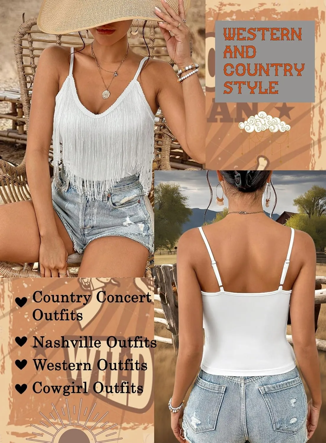 Womens Western Cowgirl Fringe Top - Country Concert Outfits Festival Tassel Hem Boho Rodeo Camisole Rave Tank Shirt