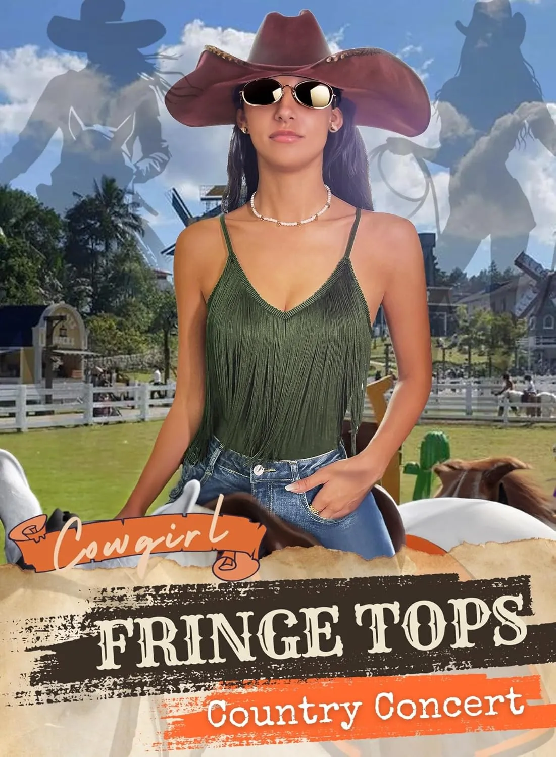 Womens Western Cowgirl Fringe Top - Country Concert Outfits Festival Tassel Hem Boho Rodeo Camisole Rave Tank Shirt