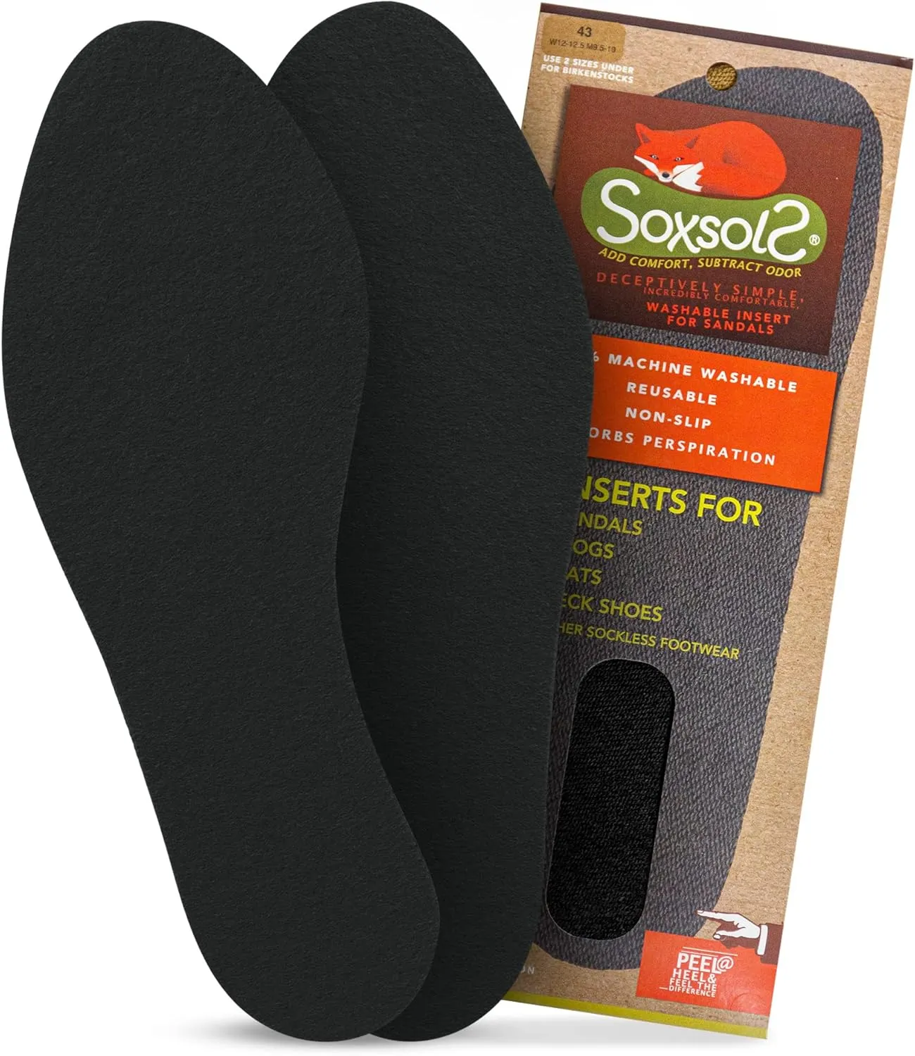 Wool Flat Shoe Insert for Sandals & Sockless Shoes, Comfortable Shoe Insoles with Sweat-Absorbent Natural Fiber & Non-Slip Silicone Grip, Narrow-Cut Shoe Inserts for Women, Black, Size 39 - SoxsolS