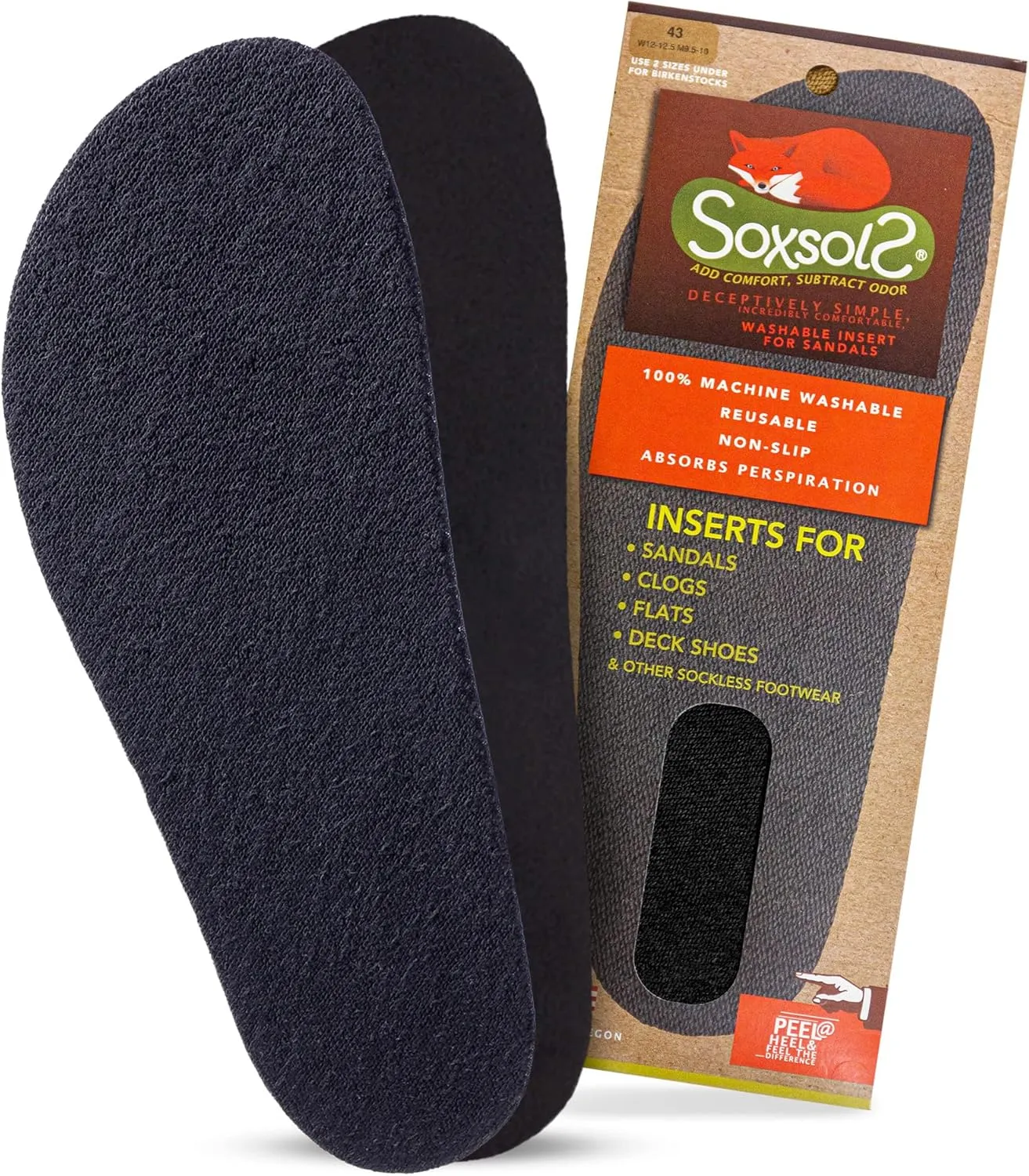Wool Flat Shoe Insert for Sandals & Sockless Shoes, Comfortable Shoe Insoles with Sweat-Absorbent Natural Fiber & Non-Slip Silicone Grip, Wide-Cut Foot Soles for Men & Women, Black, Size 42 - SoxsolS