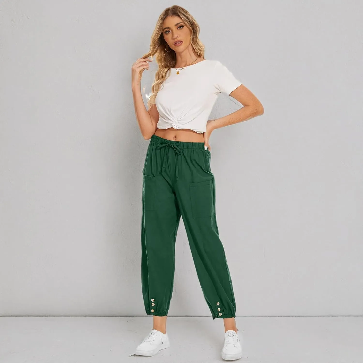 WROLEM Women's High Waist Capri Pants with Pockets Wide Leg Cropped Pants for Women - Black - Small