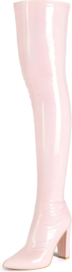 WSKEISP Women's Thigh High Boots Patent Leather PU Heeled Over The Knee High Boots Sexy Pointed Toe Chunky Heel GOGO Boots