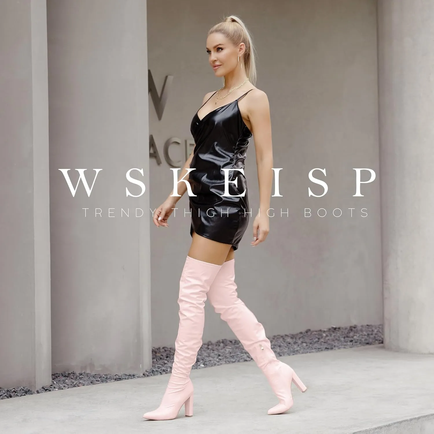 WSKEISP Women's Thigh High Boots Patent Leather PU Heeled Over The Knee High Boots Sexy Pointed Toe Chunky Heel GOGO Boots