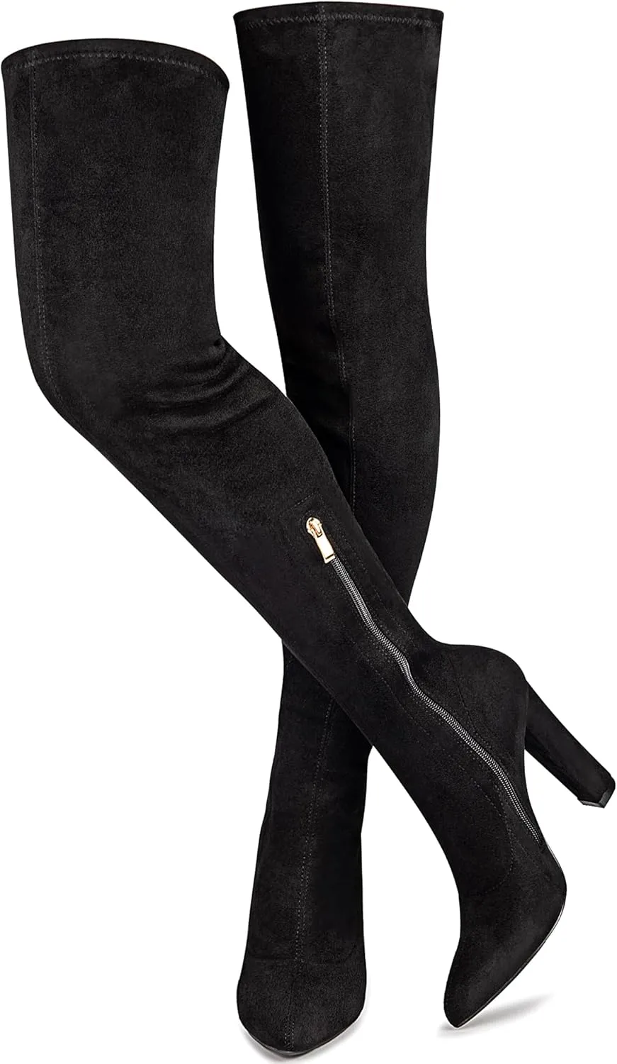 WSKEISP Women's Thigh High Boots Stretch Suede Over The Knee High Boots 4.13IN Chunky Heel Fall Winter Boots