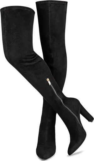 WSKEISP Women's Thigh High Boots Stretch Suede Over The Knee High Boots 4.13IN Chunky Heel Fall Winter Boots