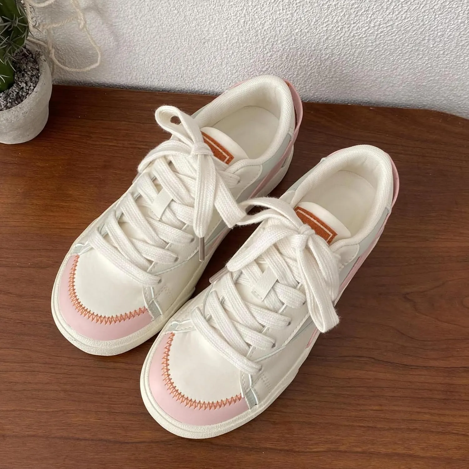 Y2K Cute Casual Sneakers for Women - Cute Plaid Shoes Chunky Rope Lace-up Fashion Comfortable White Shoes