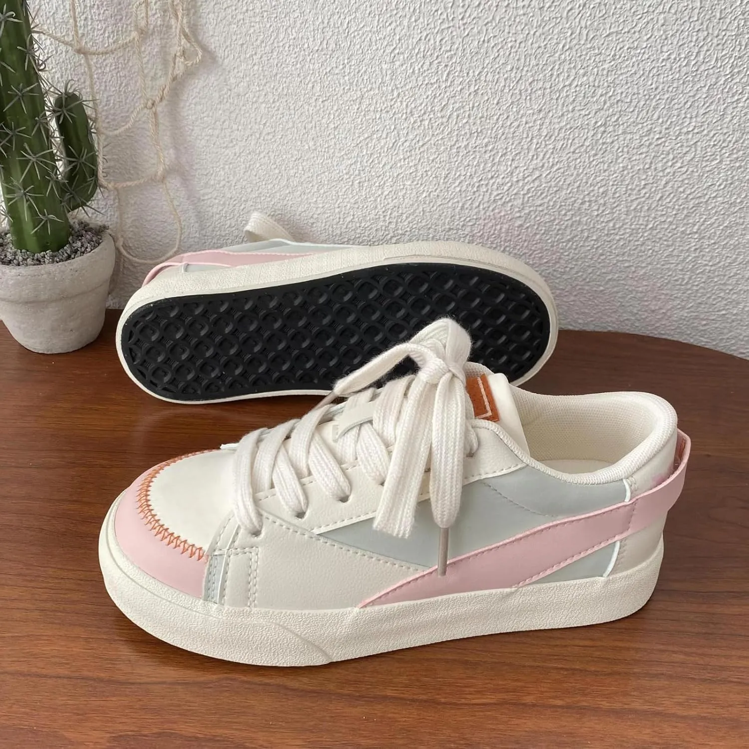 Y2K Cute Casual Sneakers for Women - Cute Plaid Shoes Chunky Rope Lace-up Fashion Comfortable White Shoes