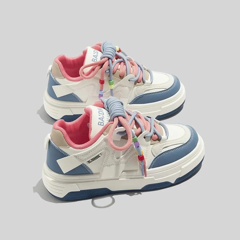 Y2K Cute Shoes Walking Sneakers for Women Chunky Pink Blue Strap Accents US 4-8