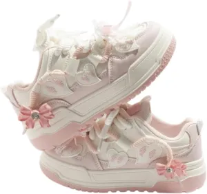 Y2K Walking Cute Sneakers Heart Bow Thick Sole Walking Shoes Flat Platform Chunky Kawaii Sneakers with Accessories