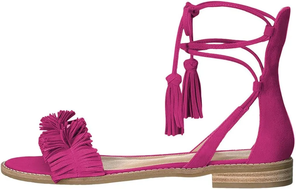 YDN Women's Stacked Low Heels Fringes Sandals Open Toe Flats Lace up Night Club Shoe