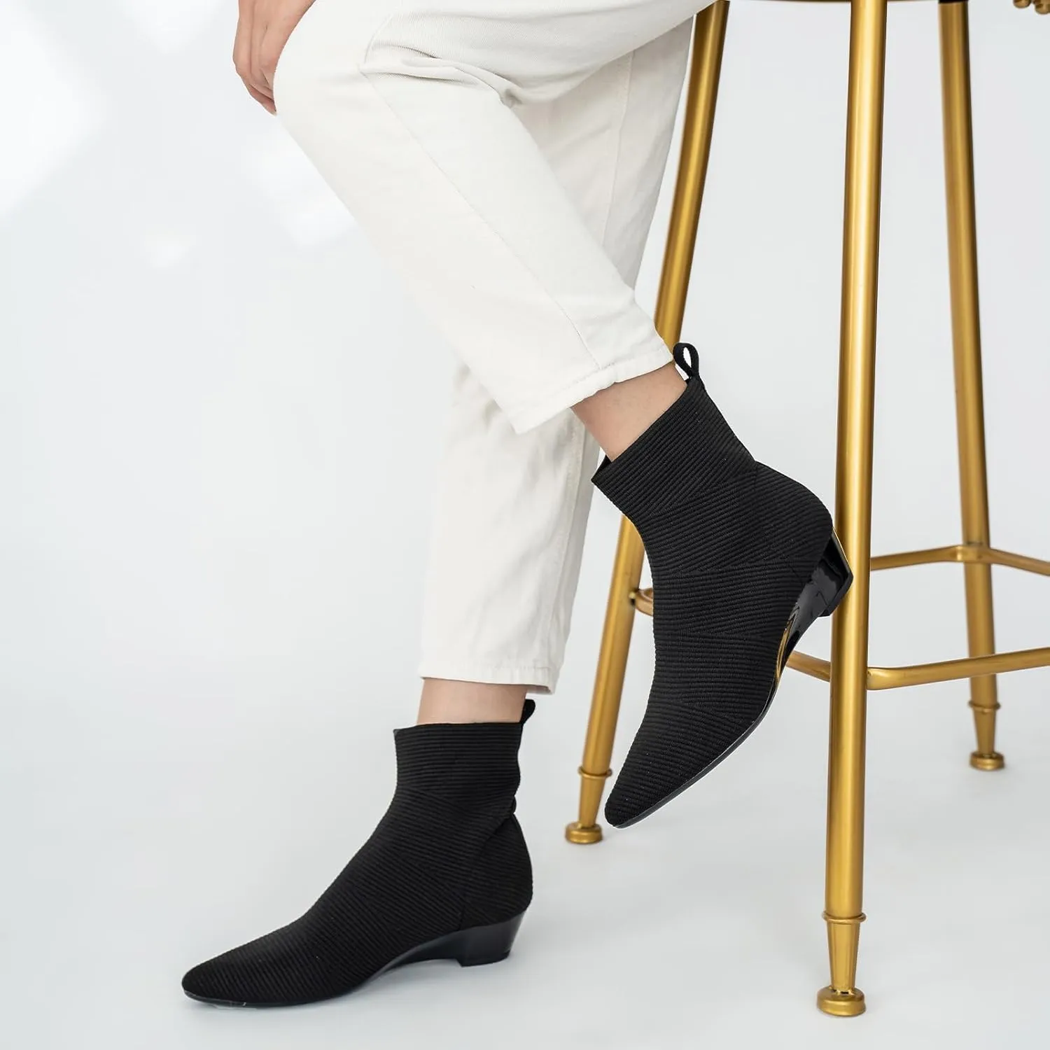 YEOJOU Ankle Boots for Women Low Heel Sock Booties Knit Pointed Toe Women's Winter Boots Sock Boots Fall Shoes Black Size 6.5