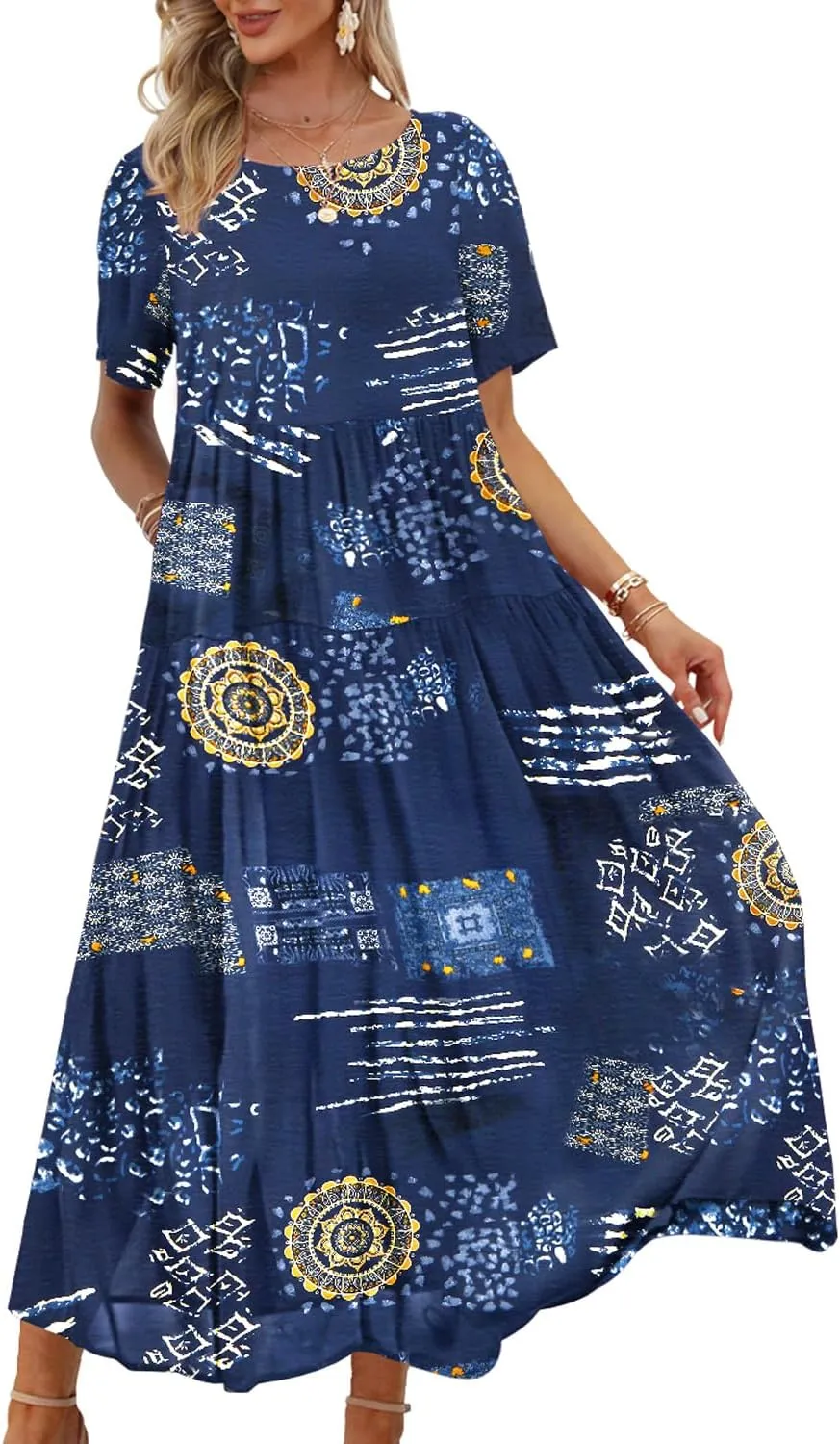 YESNO Women Casual Loose Bohemian Floral Dress with Pockets Short Sleeve Long Maxi Summer Beach Swing Dress EJF