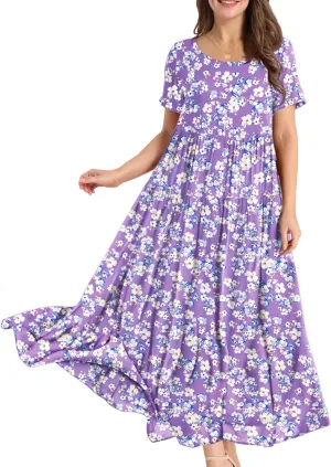 YESNO Women Casual Loose Bohemian Floral Dress with Pockets Short Sleeve Long Maxi Summer Beach Swing Dress EJF