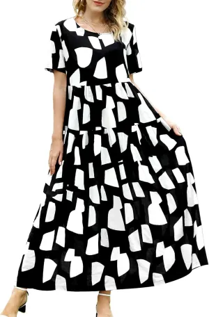YESNO Women Casual Loose Bohemian Floral Dress with Pockets Short Sleeve Long Maxi Summer Beach Swing Dress EJF