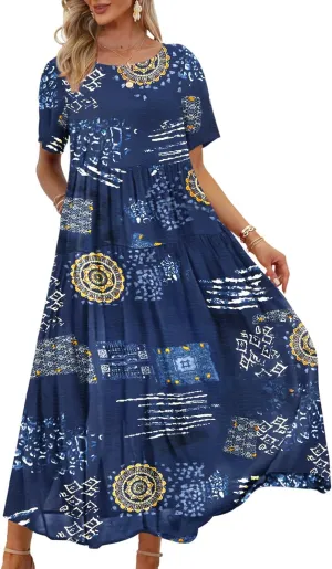 YESNO Women Casual Loose Bohemian Floral Dress with Pockets Short Sleeve Long Maxi Summer Beach Swing Dress EJF