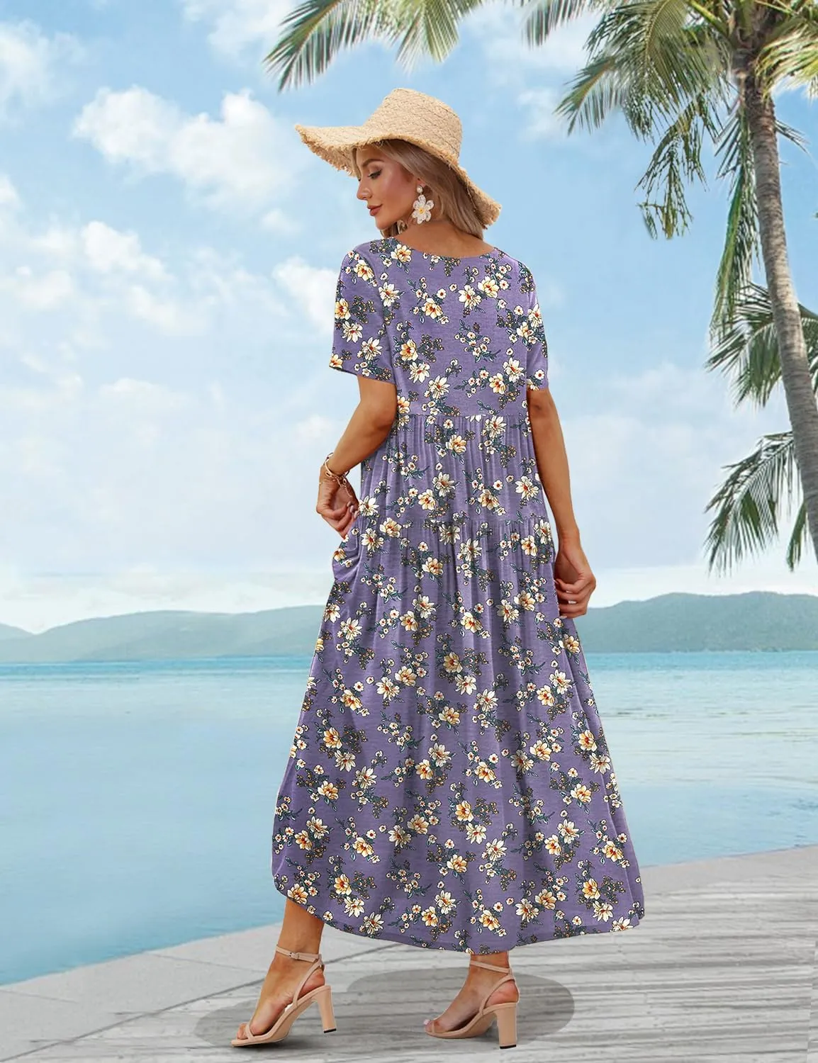 YESNO Women Casual Loose Bohemian Floral Dress with Pockets Short Sleeve Long Maxi Summer Beach Swing Dress EJF