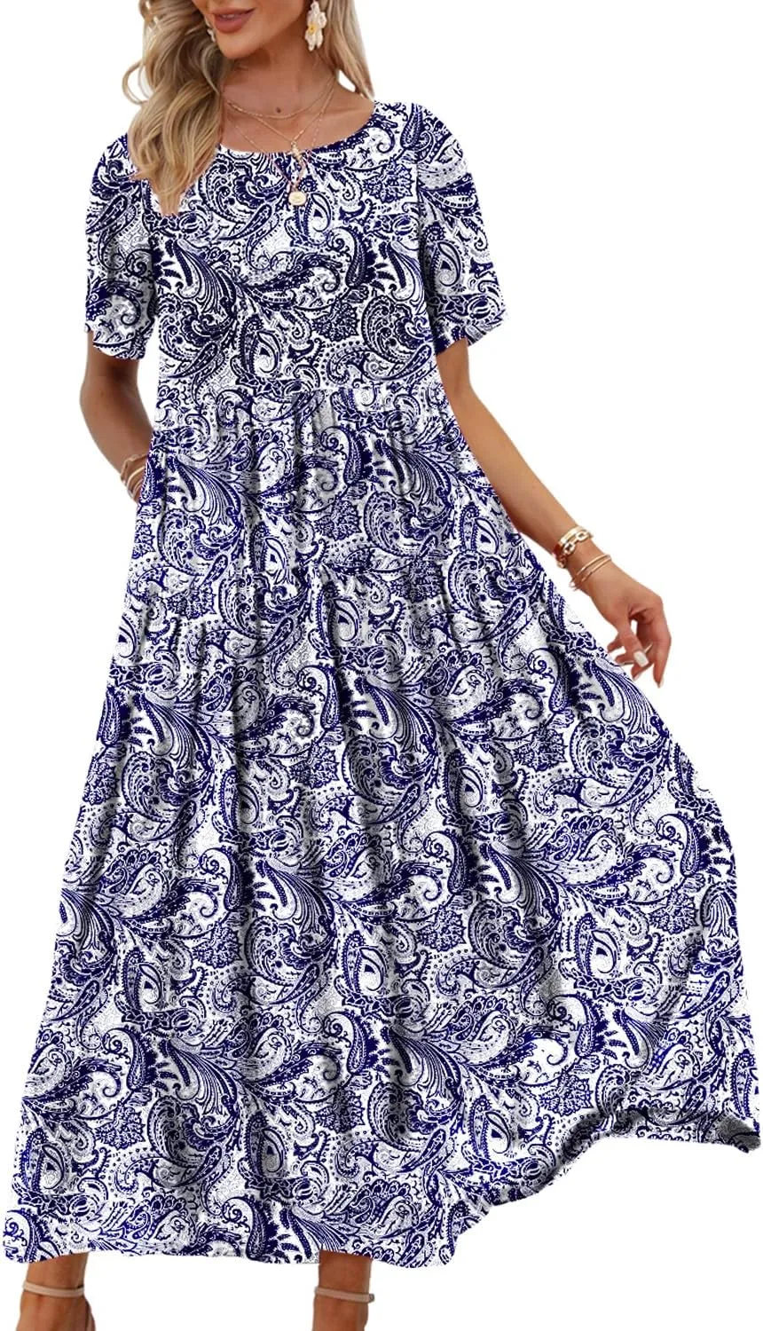 YESNO Women Casual Loose Bohemian Floral Dress with Pockets Short Sleeve Long Maxi Summer Beach Swing Dress EJF