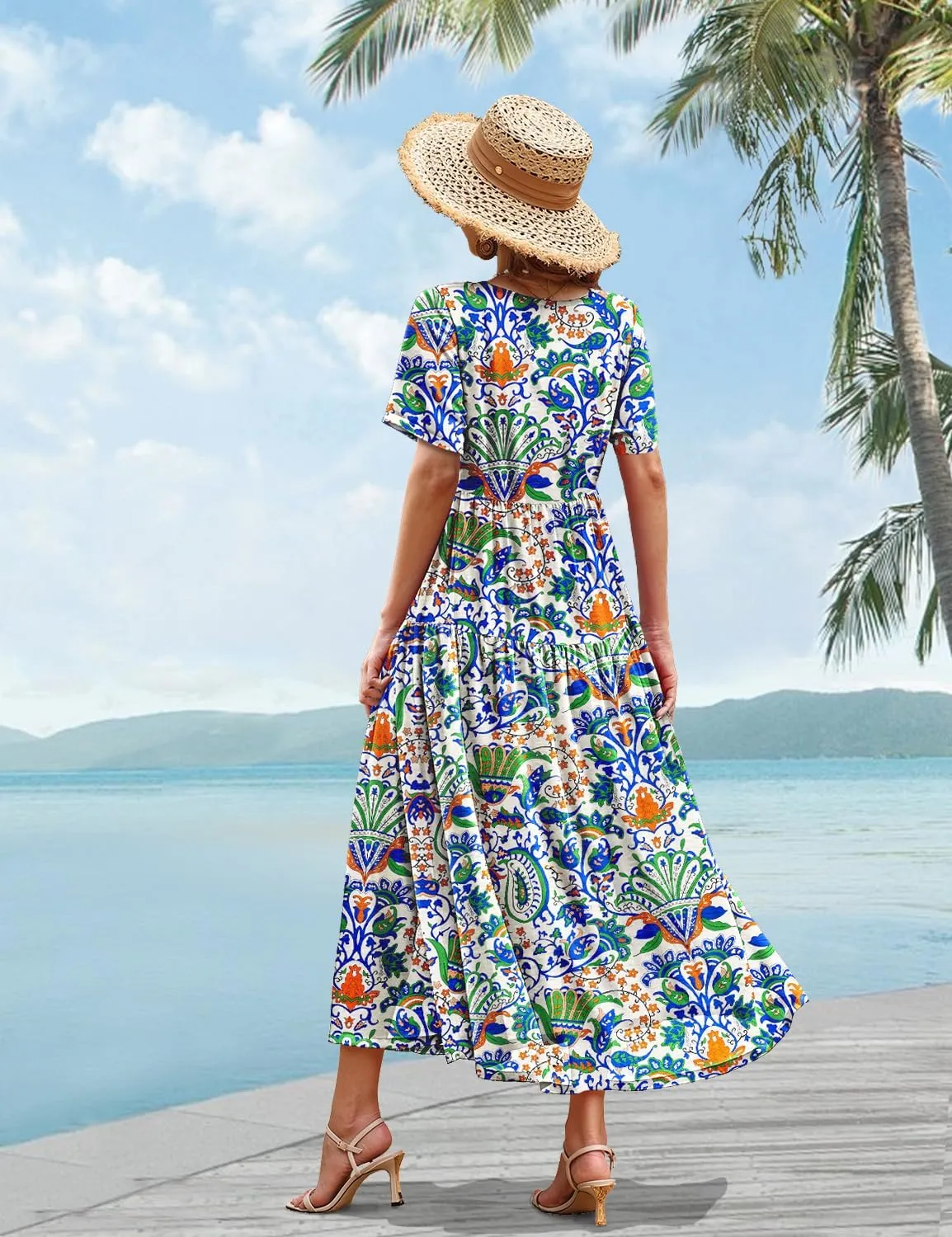 YESNO Women Casual Loose Bohemian Floral Dress with Pockets Short Sleeve Long Maxi Summer Beach Swing Dress EJF