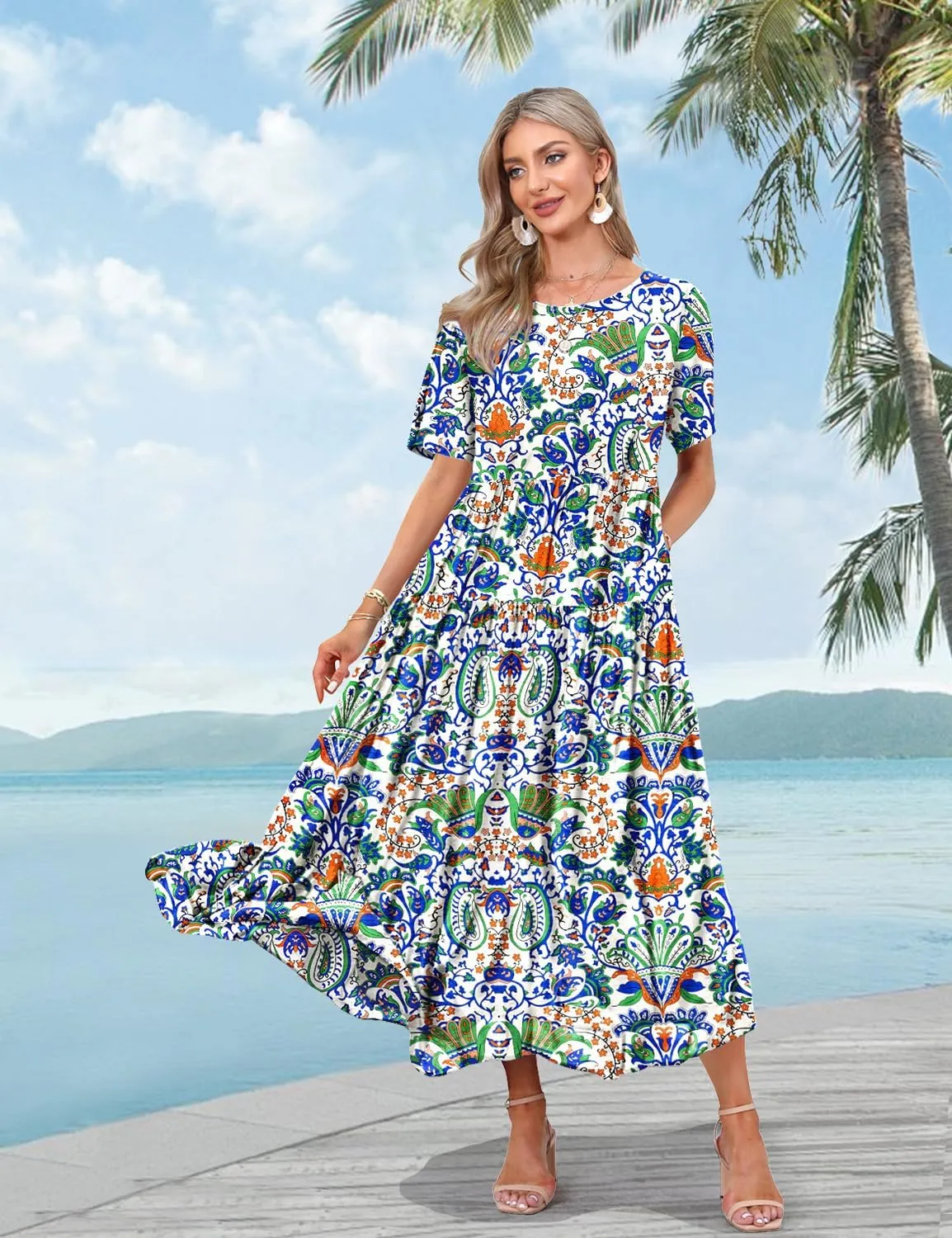 YESNO Women Casual Loose Bohemian Floral Dress with Pockets Short Sleeve Long Maxi Summer Beach Swing Dress EJF