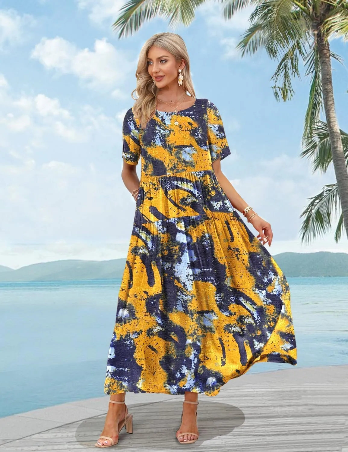 YESNO Women Casual Loose Bohemian Floral Dress with Pockets Short Sleeve Long Maxi Summer Beach Swing Dress EJF