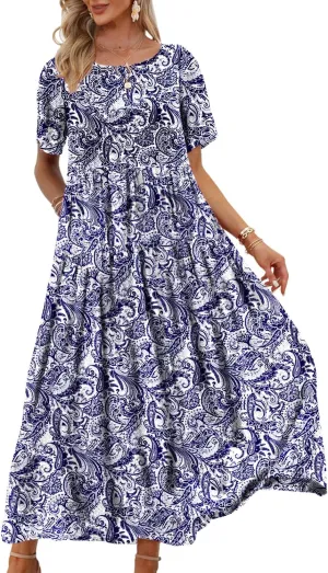 YESNO Women Casual Loose Bohemian Floral Dress with Pockets Short Sleeve Long Maxi Summer Beach Swing Dress EJF