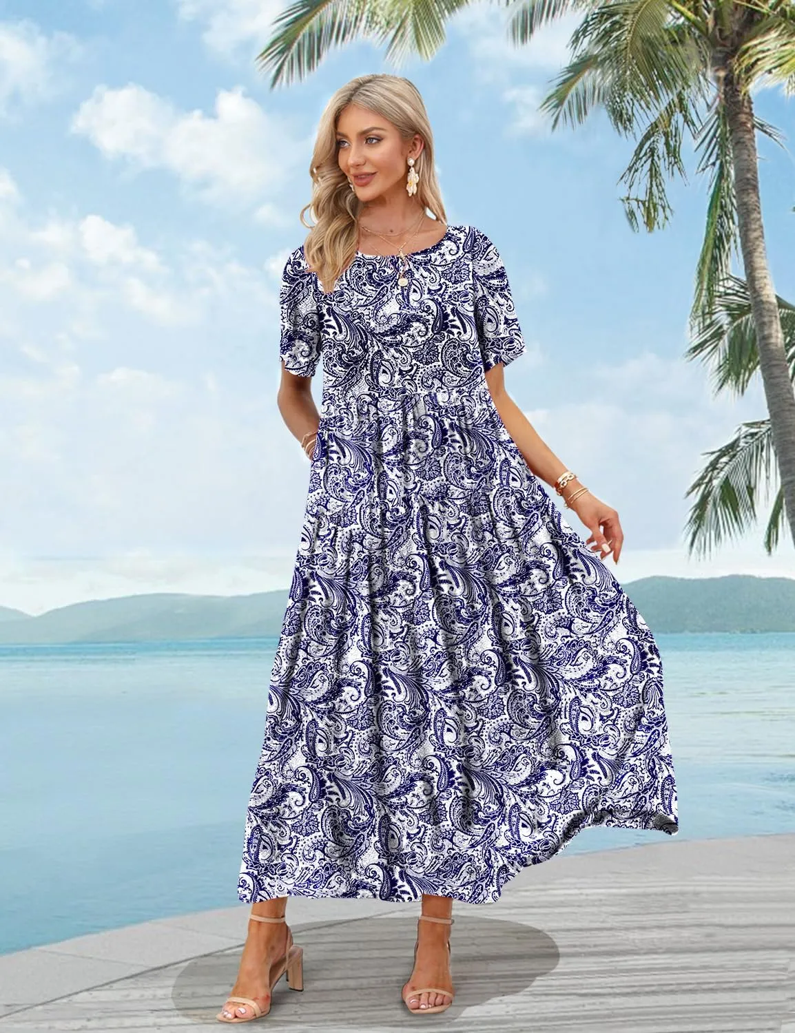 YESNO Women Casual Loose Bohemian Floral Dress with Pockets Short Sleeve Long Maxi Summer Beach Swing Dress EJF