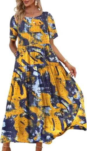 YESNO Women Casual Loose Bohemian Floral Dress with Pockets Short Sleeve Long Maxi Summer Beach Swing Dress EJF